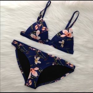 Navy blue and pink floral neoprene bikini set